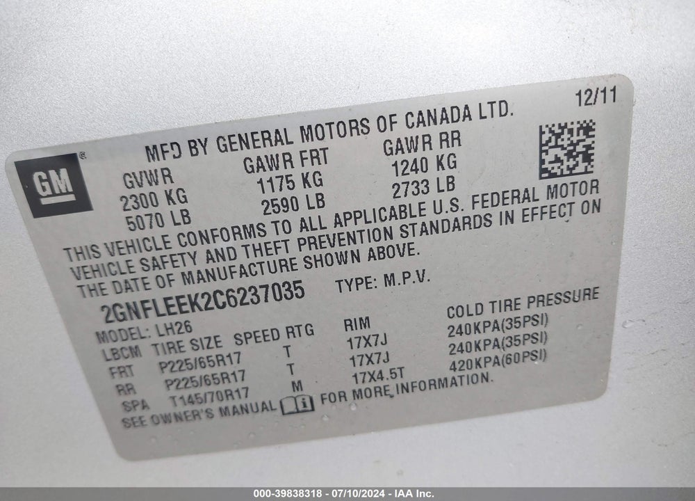 2012 CHEVROLET EQUINOX 1LT VIN: 2GNFLEEK2C6237035