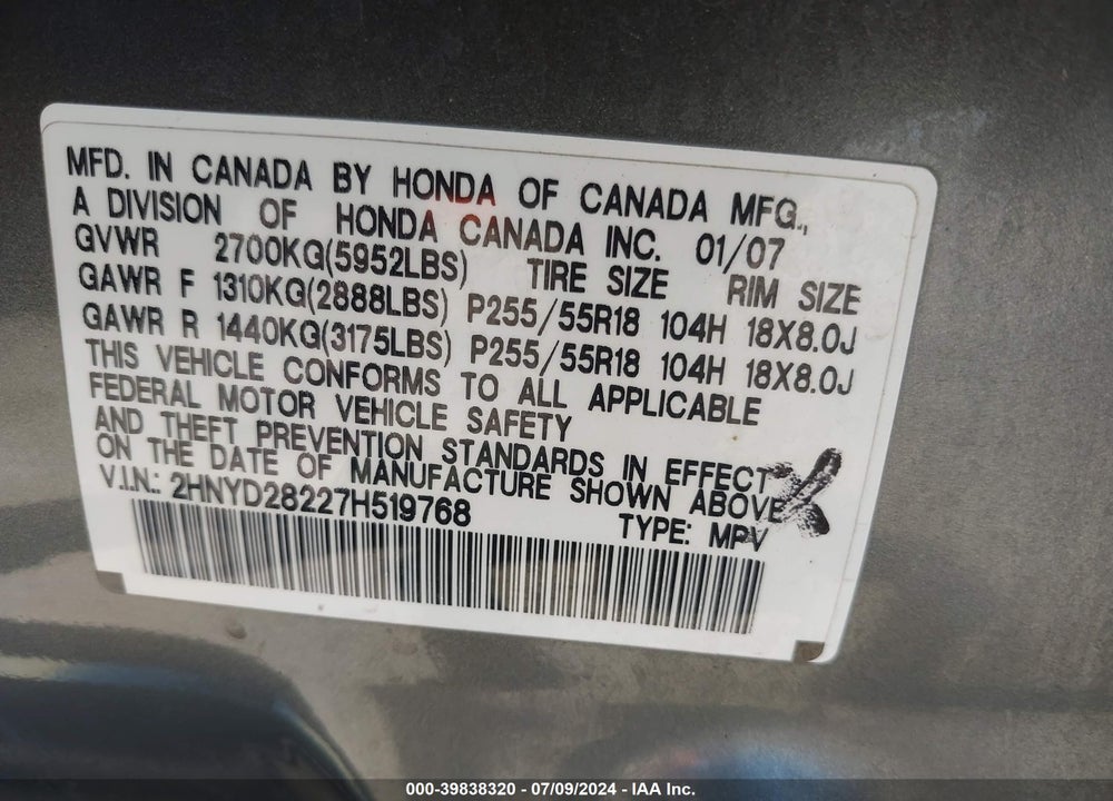 2007 ACURA MDX VIN: 2HNYD28227H519768