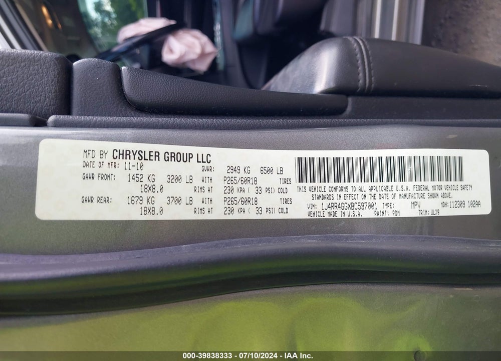 2011 JEEP GRAND CHEROKEE LAREDO VIN: 1J4RR4GGXBC597001