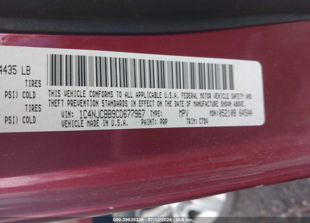 2012 JEEP COMPASS SPORT VIN: 1C4NJCBB9CD677967