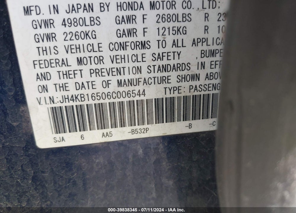 2006 ACURA RL 3.5 VIN: JH4KB16506C006544