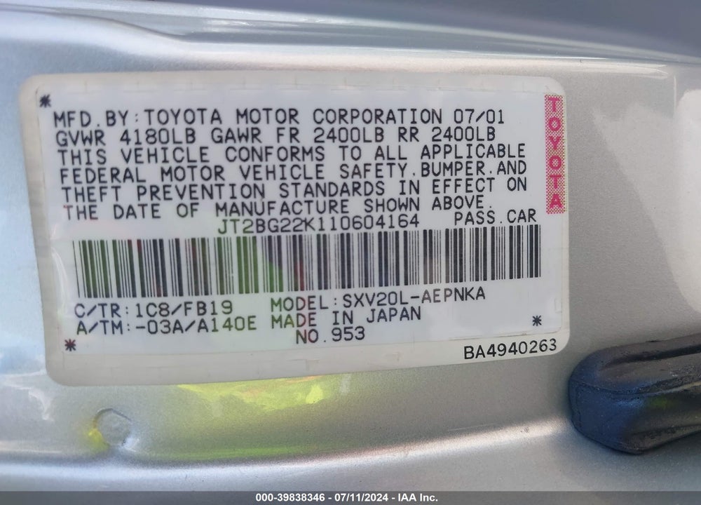 2001 TOYOTA CAMRY LE VIN: JT2BG22K110604164