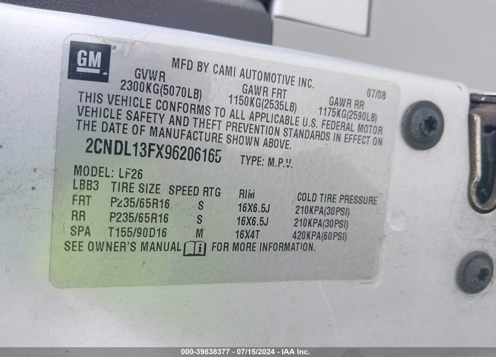 2009 CHEVROLET EQUINOX VIN: 2CNDL13FX96206165