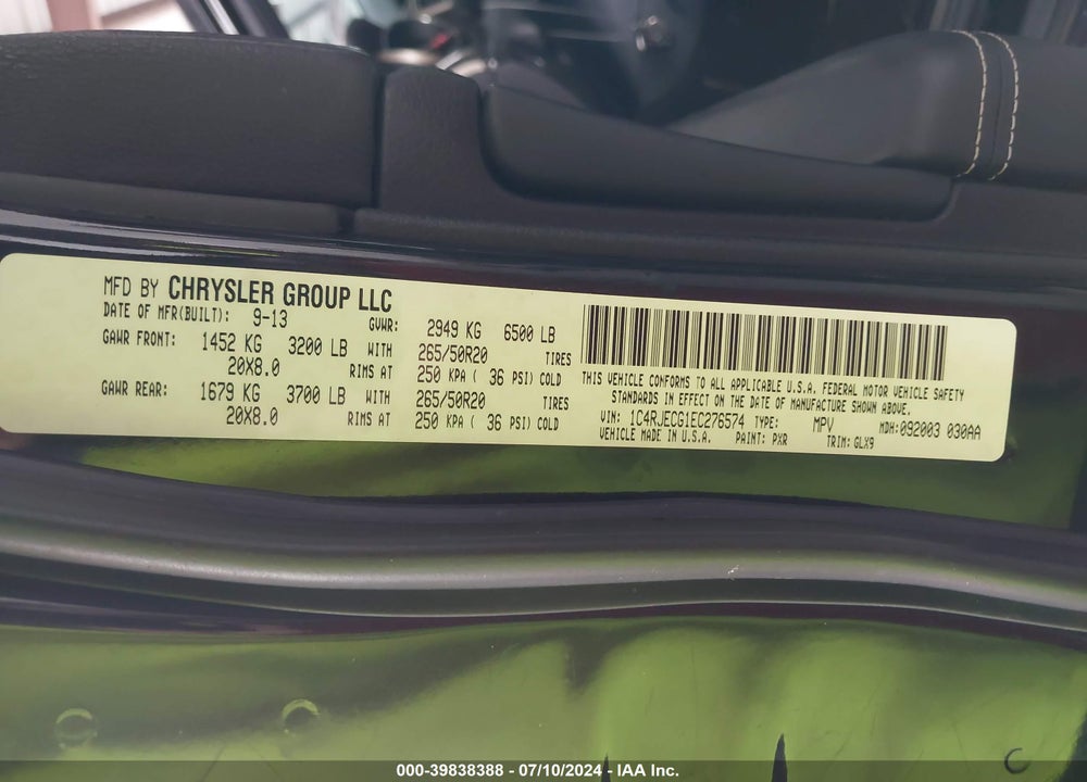 2014 LAND JEEP GRAND CHEROKEE OVER VIN: 1C4RJECG1EC276574