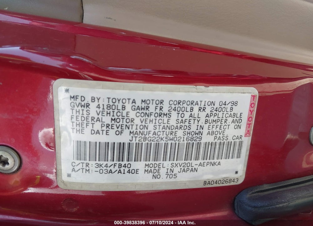 1998 TOYOTA CAMRY LE VIN: JT2BG22K5W0216829