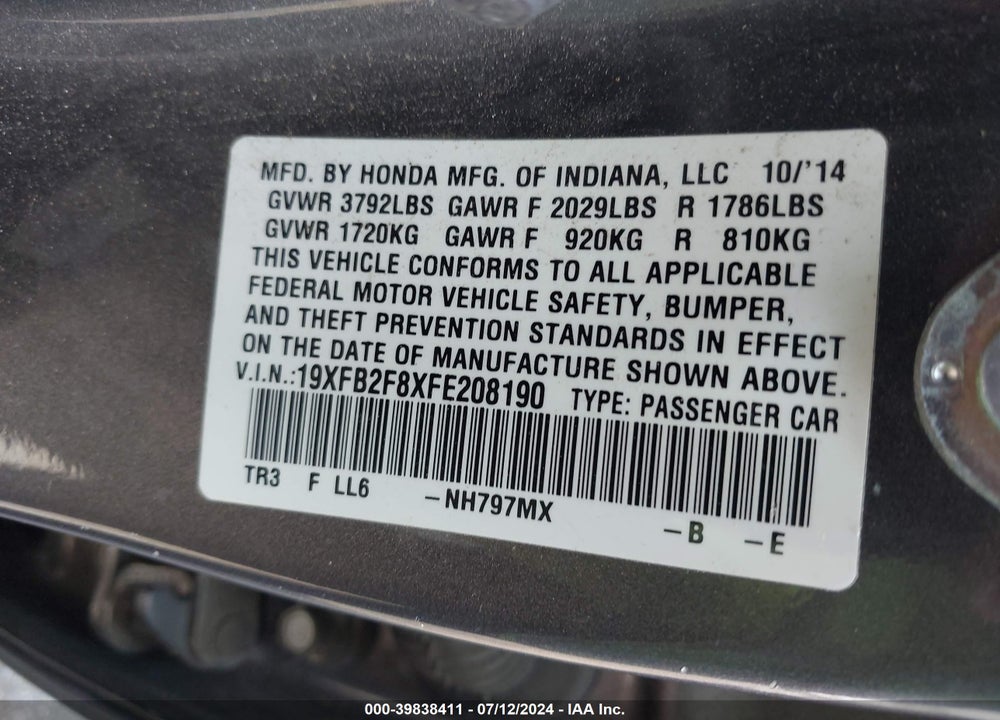 2015 HONDA CIVIC EX VIN: 19XFB2F8XFE208190