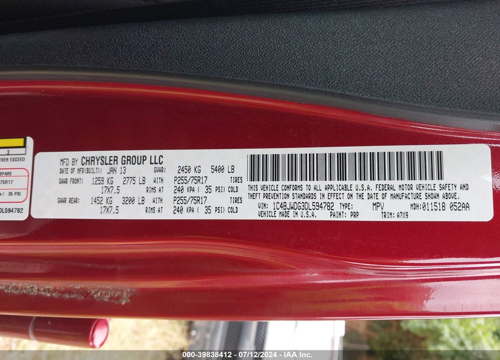 2013 JEEP WRANGLER UNLIMITED SPORT VIN: 1C4BJWDG3DL594782