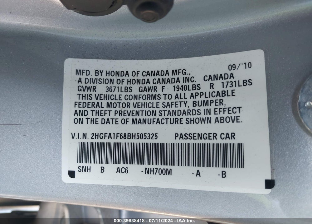 2011 HONDA CIVIC LX-S VIN: 2HGFA1F68BH505325
