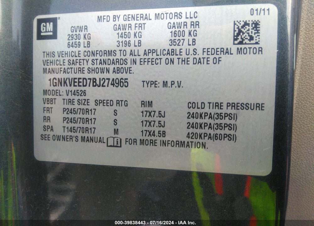 2011 CHEVROLET TRAVERSE LS VIN: 1GNKVEED7BJ274965