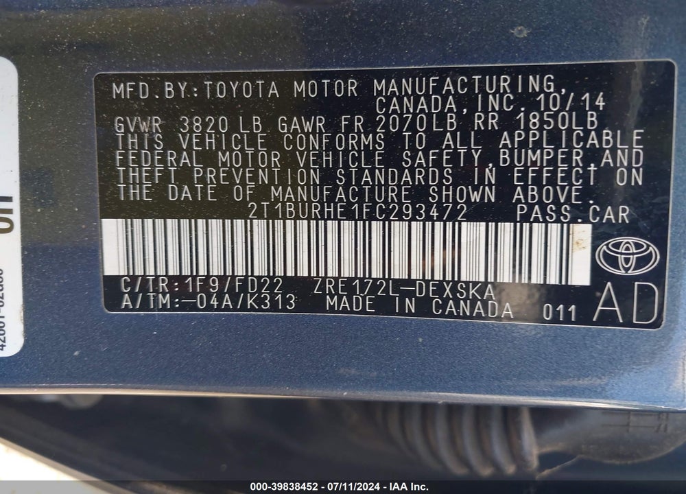 2015 TOYOTA COROLLA S PLUS VIN: 2T1BURHE1FC293472