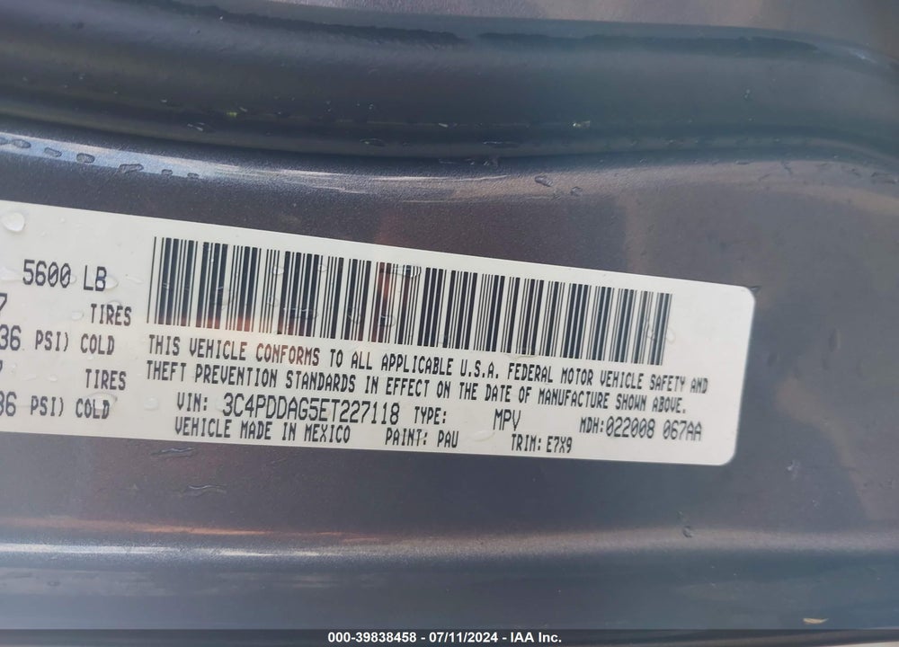 2014 DODGE JOURNEY SE VIN: 3C4PDDAG5ET227118