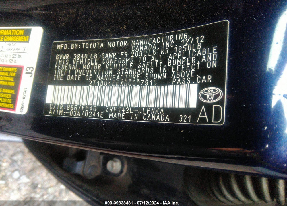 2013 TOYOTA COROLLA LE VIN: 2T1BU4EEXDC007915