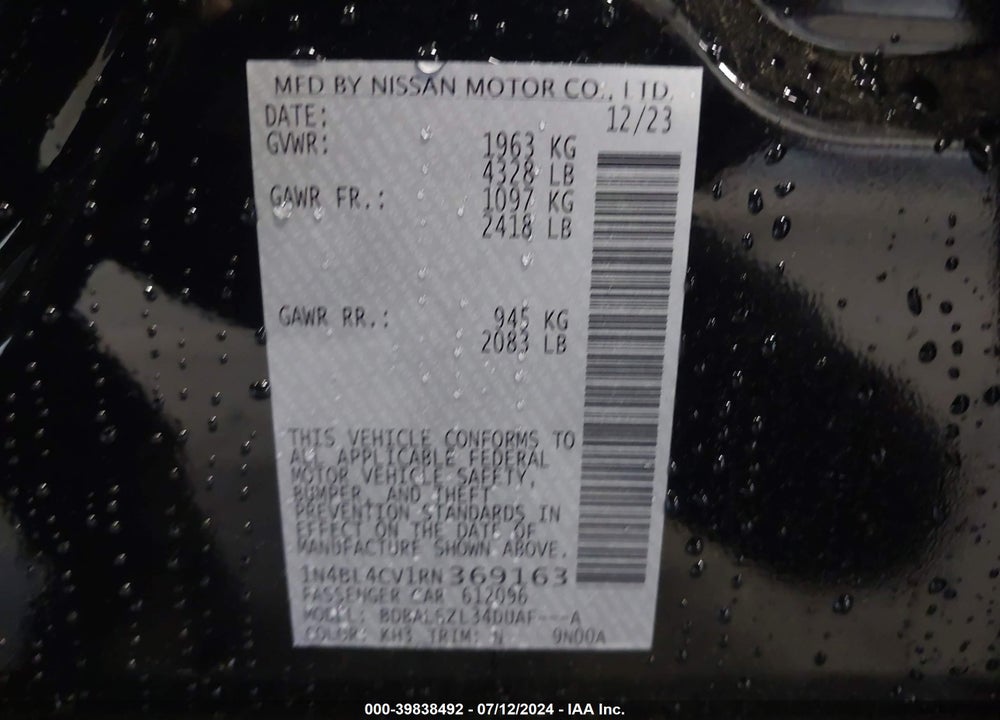 2024 NISSAN ALTIMA SR FWD VIN: 1N4BL4CV1RN369163
