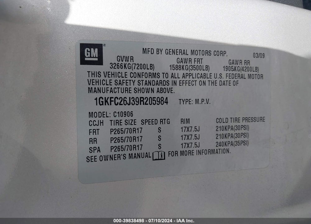 2009 GMC YUKON XL 1500 SLE2 VIN: 1GKFC26J39R205984