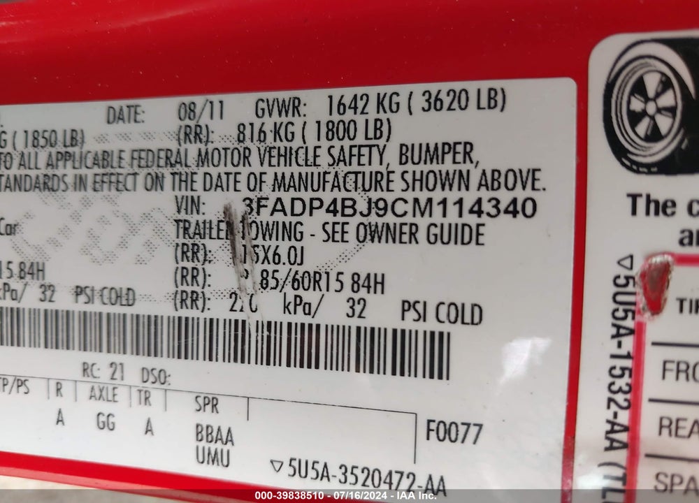 2012 FORD FIESTA SE VIN: 3FADP4BJ9CM114340
