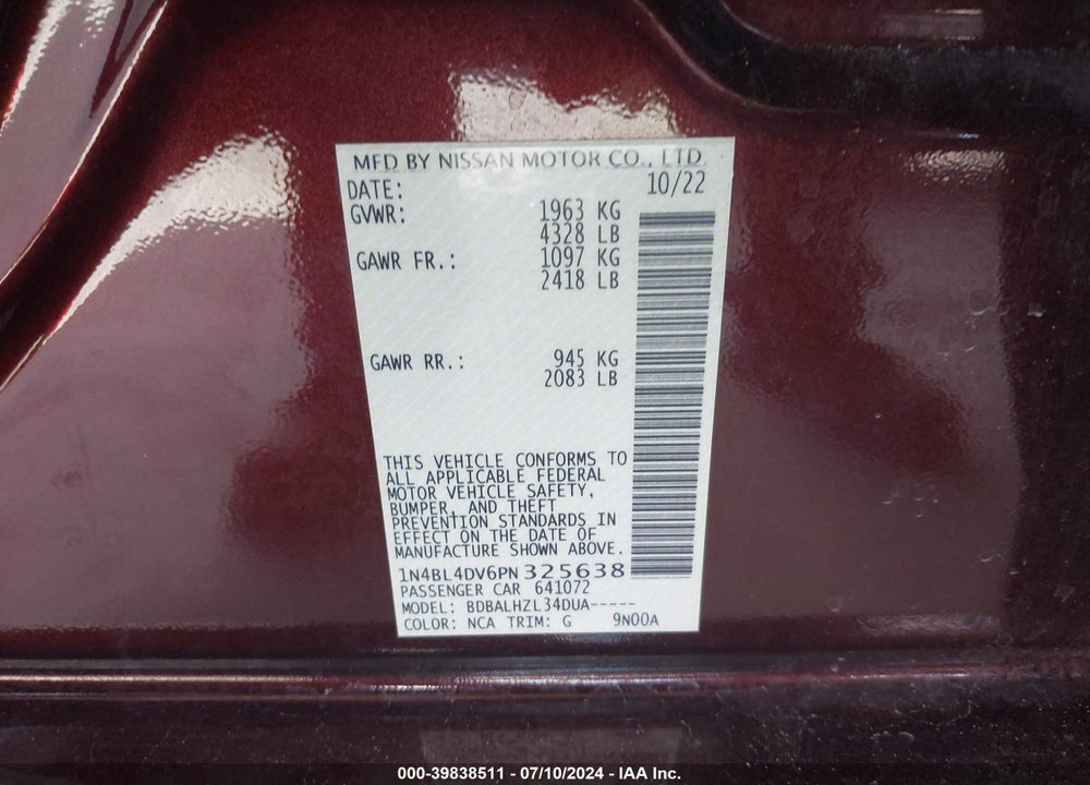 2023 NISSAN ALTIMA SV FWD VIN: 1N4BL4DV6PN325638