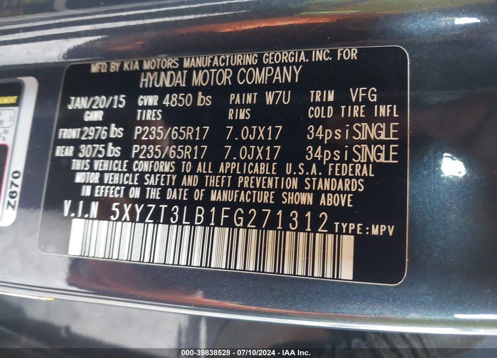 2015 HYUNDAI SANTA FE SPORT 2.4L VIN: 5XYZT3LB1FG271312