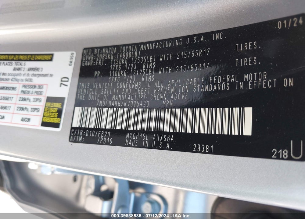 2024 TOYOTA COROLLA CROSS HYBRID SE VIN: 7MUFBABG7RV025420