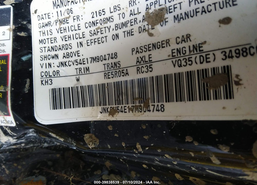 2007 INFINITI G35 VIN: JNKCV54E17M904748