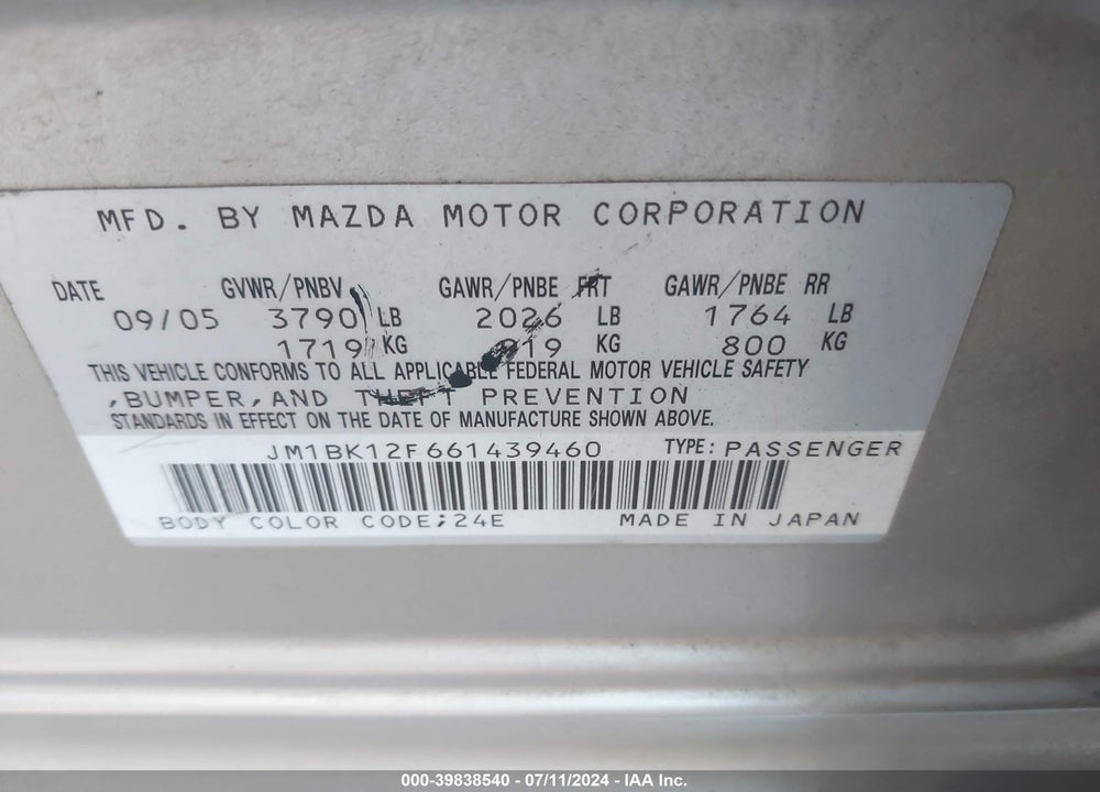 2006 MAZDA 3 I VIN: JM1BK12F661439460