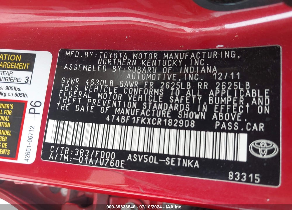 2012 TOYOTA CAMRY LE VIN: 4T4BF1FKXCR182908