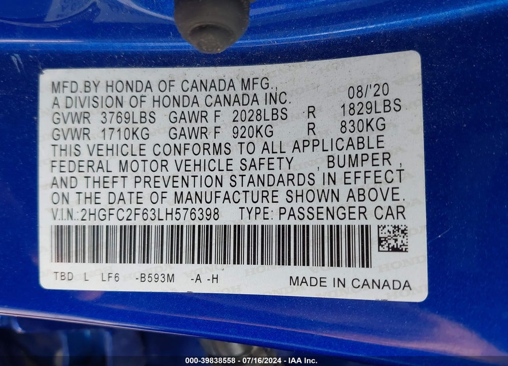 2020 HONDA CIVIC LX VIN: 2HGFC2F63LH576398