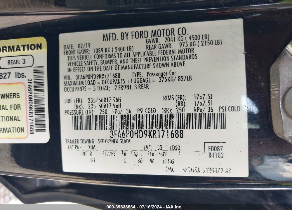 2019 FORD FUSION VIN: 3FA6P0HD9KR171688