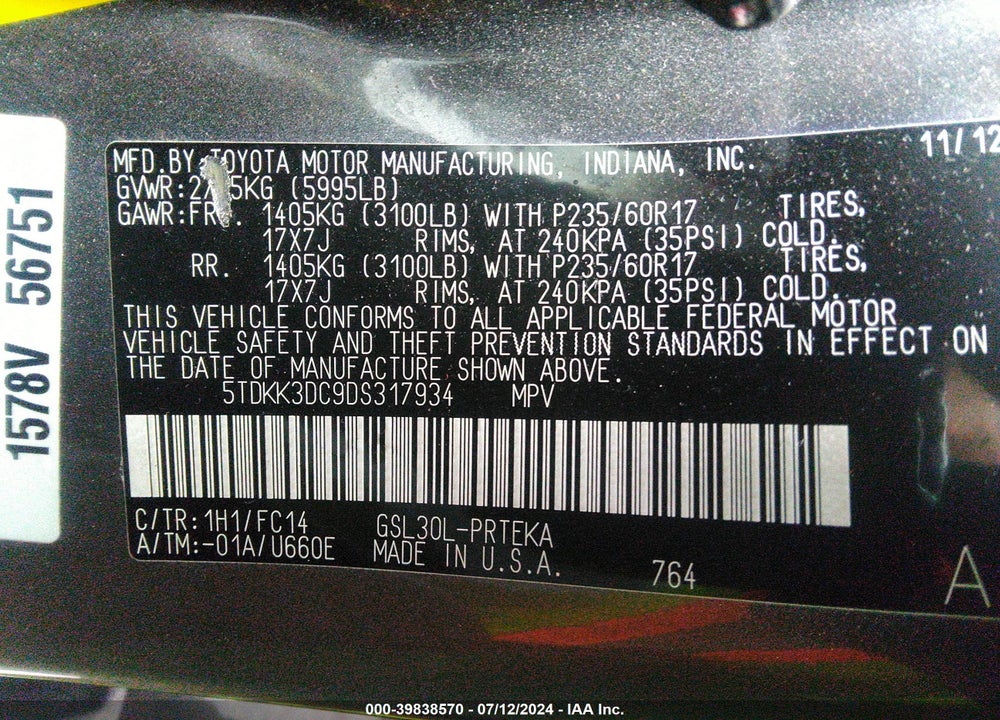 2013 TOYOTA SIENNA LE V6 8 PASSENGER VIN: 5TDKK3DC9DS317934