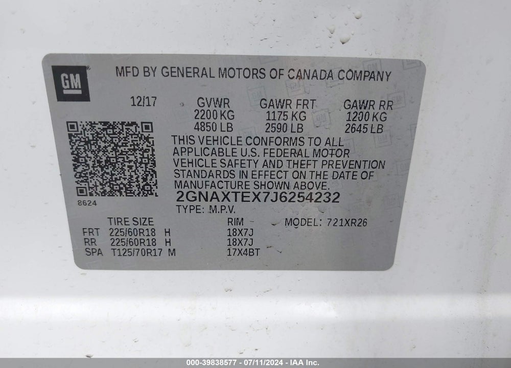 2018 CHEVROLET EQUINOX LT VIN: 2GNAXTEX7J6254232