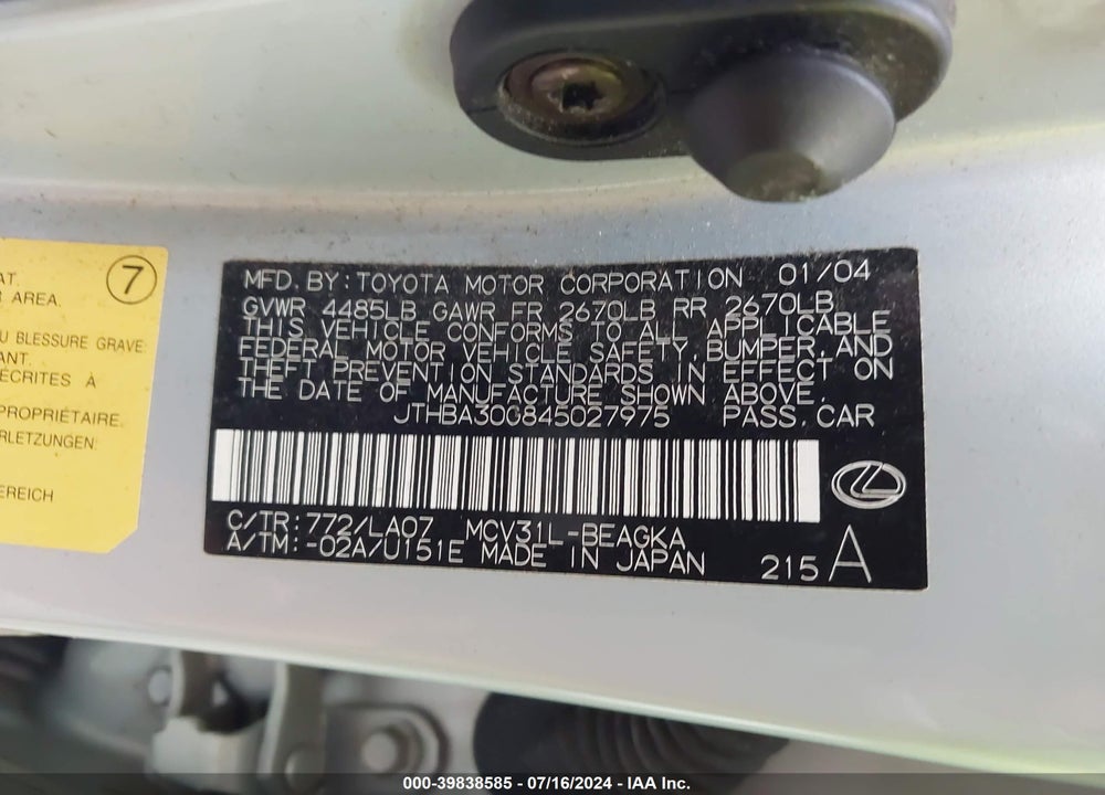 2004 LEXUS ES 330 VIN: JTHBA30G845027975