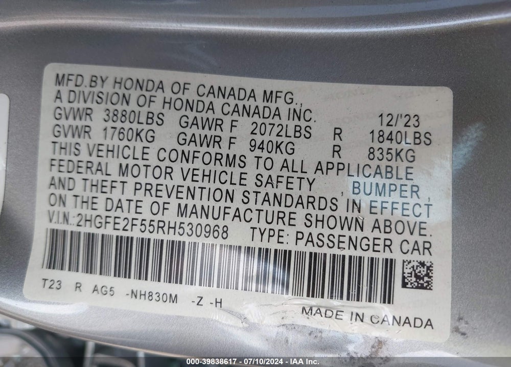 2024 HONDA CIVIC SPORT VIN: 2HGFE2F55RH530968
