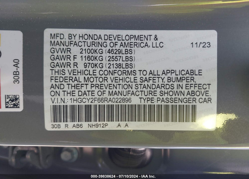 2024 HONDA ACCORD HYBRID EX-L VIN: 1HGCY2F66RA022896