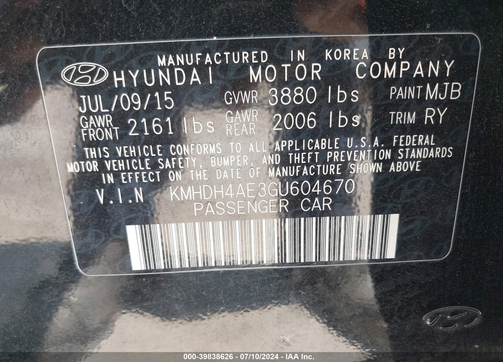 2016 HYUNDAI ELANTRA VALUE EDITION VIN: KMHDH4AE3GU604670