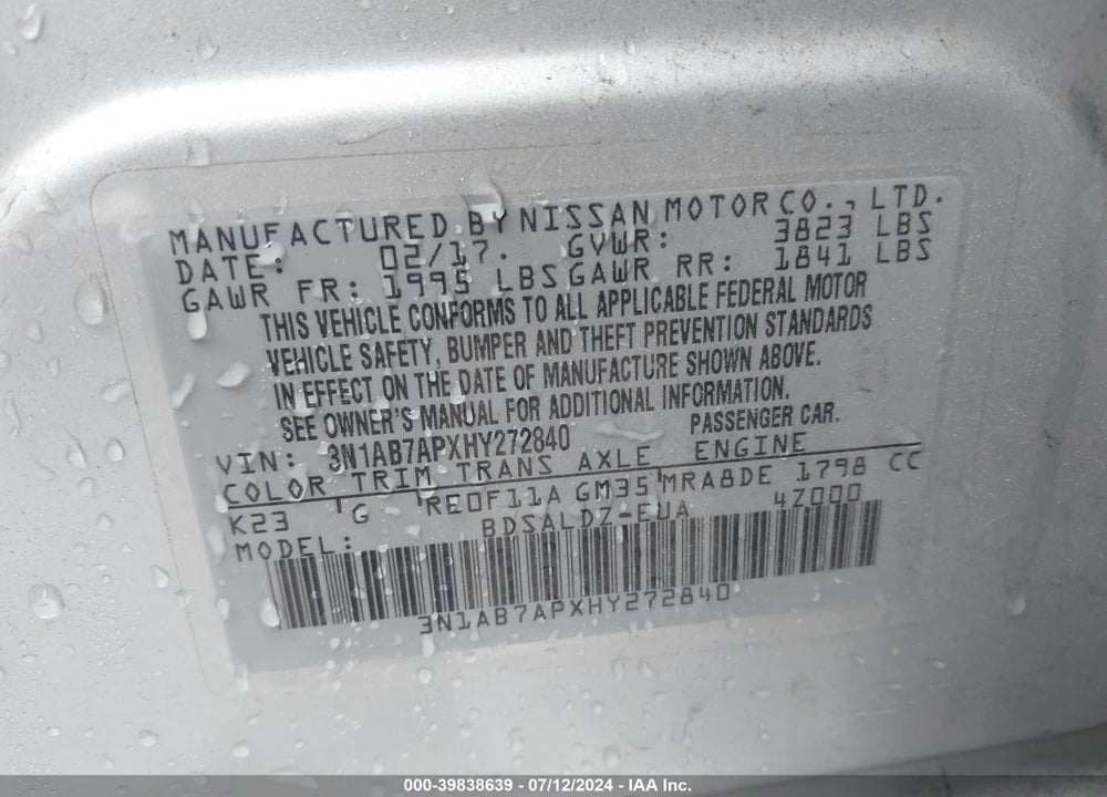 2017 NISSAN SENTRA SV VIN: 3N1AB7APXHY272840