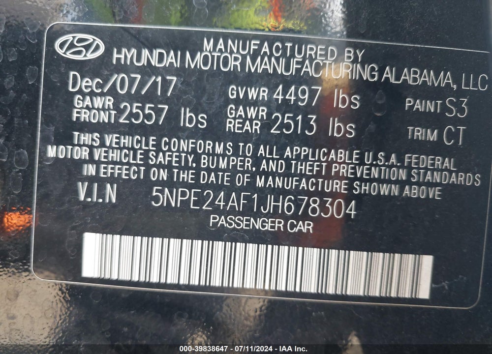 2018 HYUNDAI SONATA VIN: 5NPE24AF1JH678304