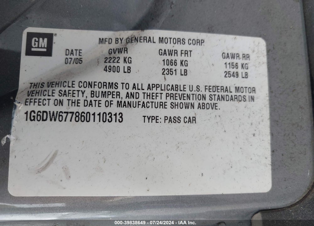 2006 CADILLAC STS VIN: 1G6DW677860110313