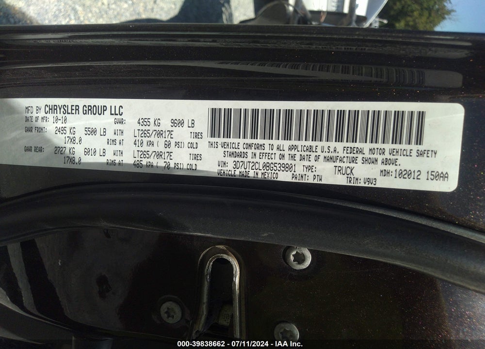 2011 RAM 2500 SLT VIN: 3D7UT2CL0BG539801