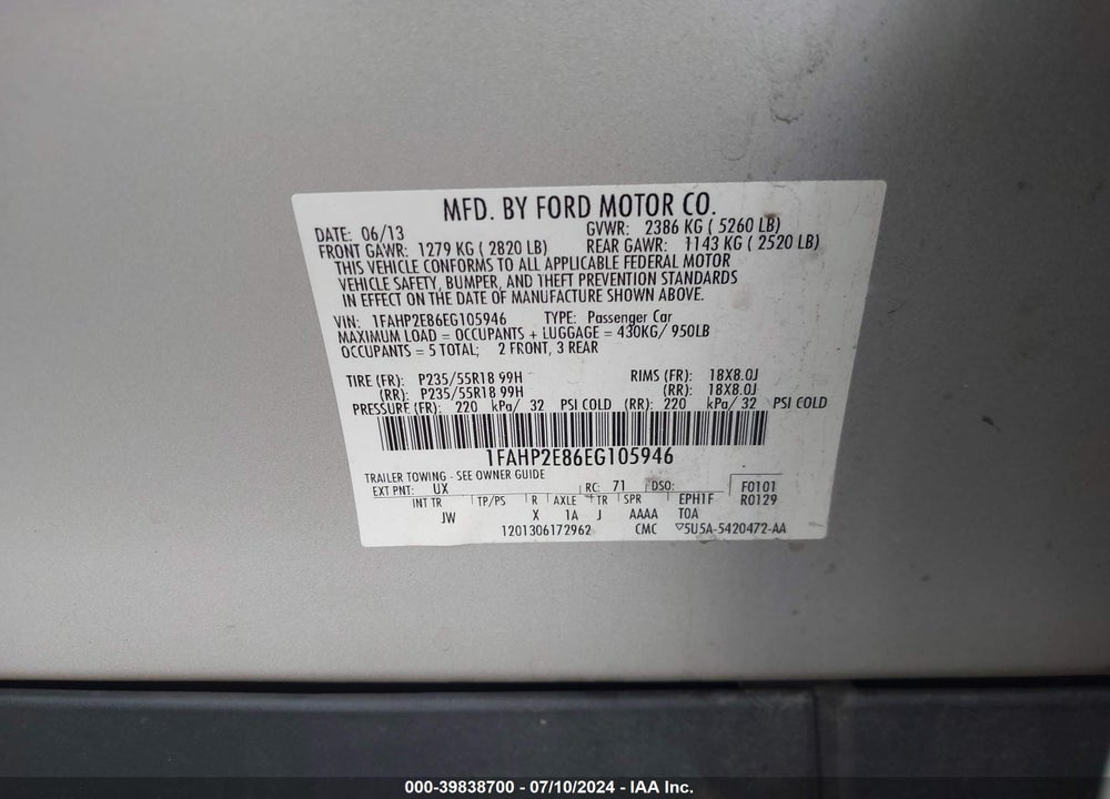 2014 FORD TAURUS SEL VIN: 1FAHP2E86EG105946
