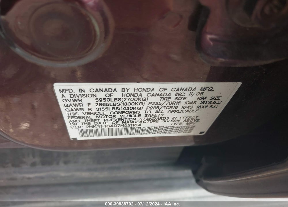 2007 HONDA PILOT EX VIN: 2HKYF18497H521164