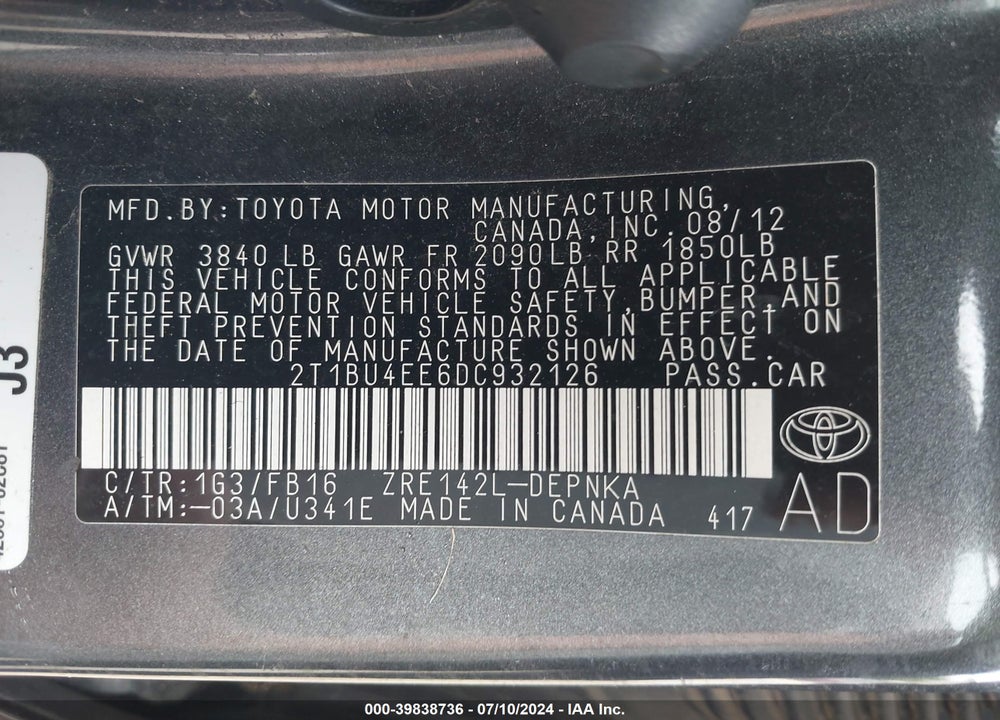 2013 TOYOTA COROLLA LE VIN: 2T1BU4EE6DC932126