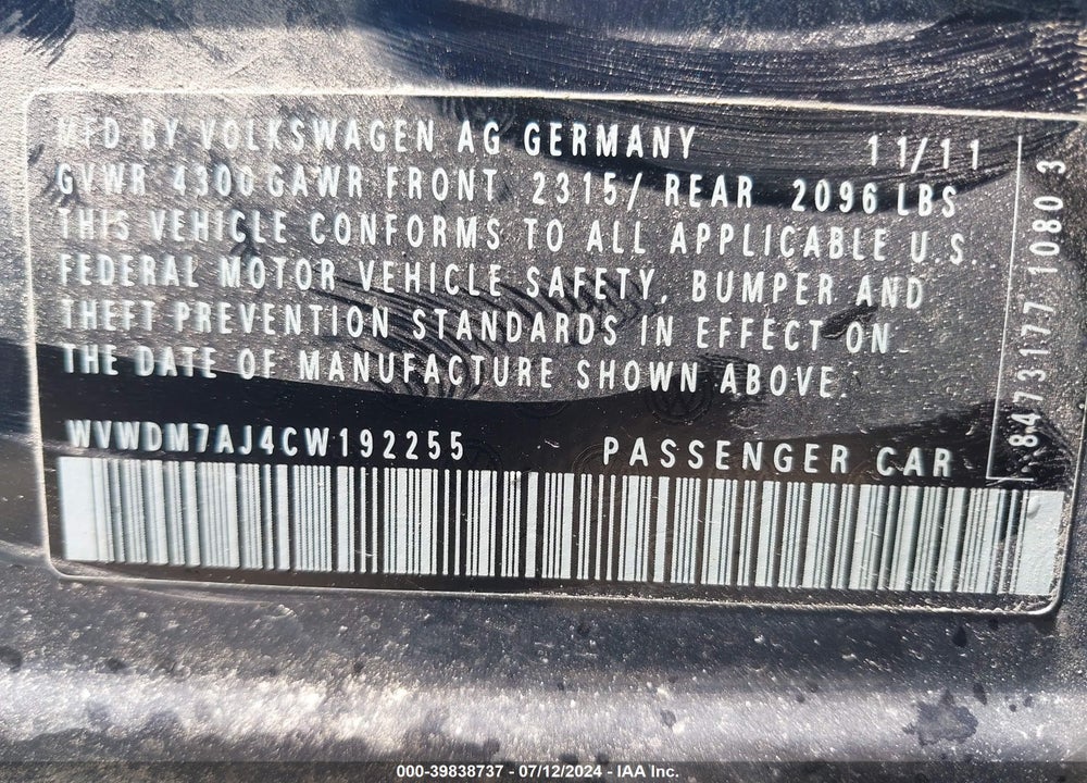 2012 VOLKSWAGEN GOLF TDI 4-DOOR VIN: WVWDM7AJ4CW192255