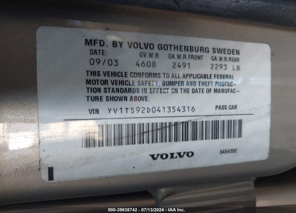 2004 VOLVO S80 2.9 VIN: YV1TS92D041354316
