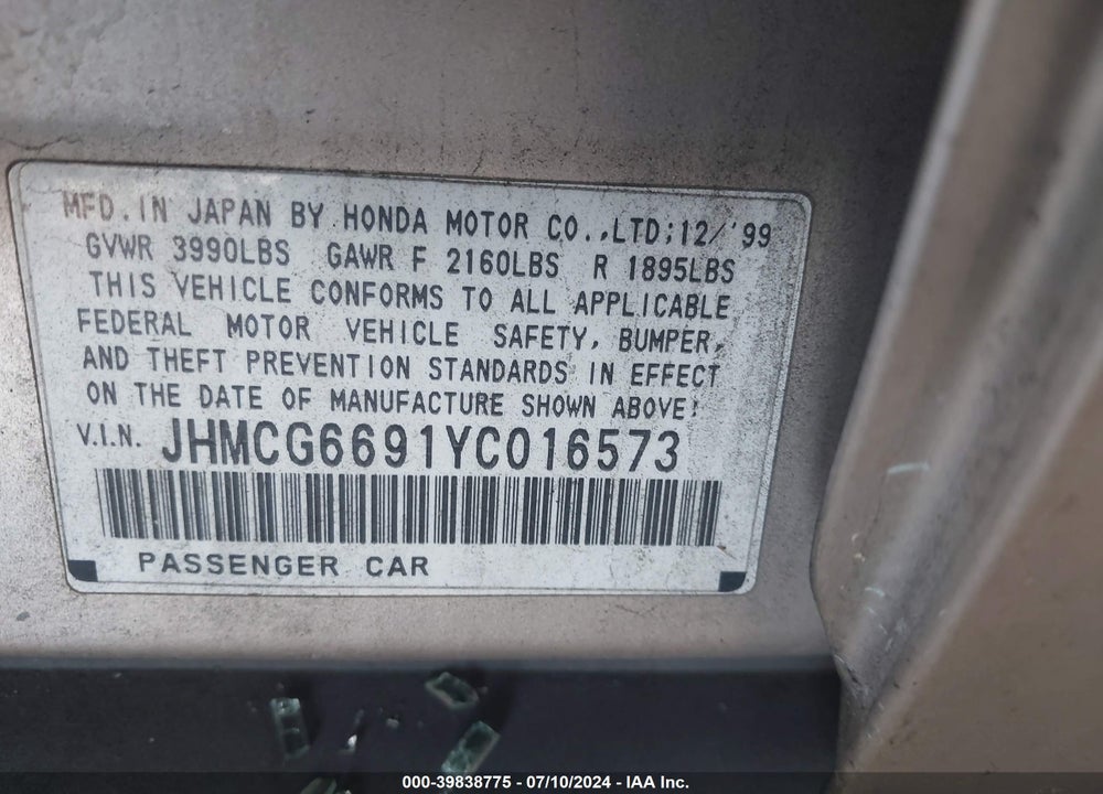 2000 HONDA ACCORD 2.3 SE VIN: JHMCG6691YC016573