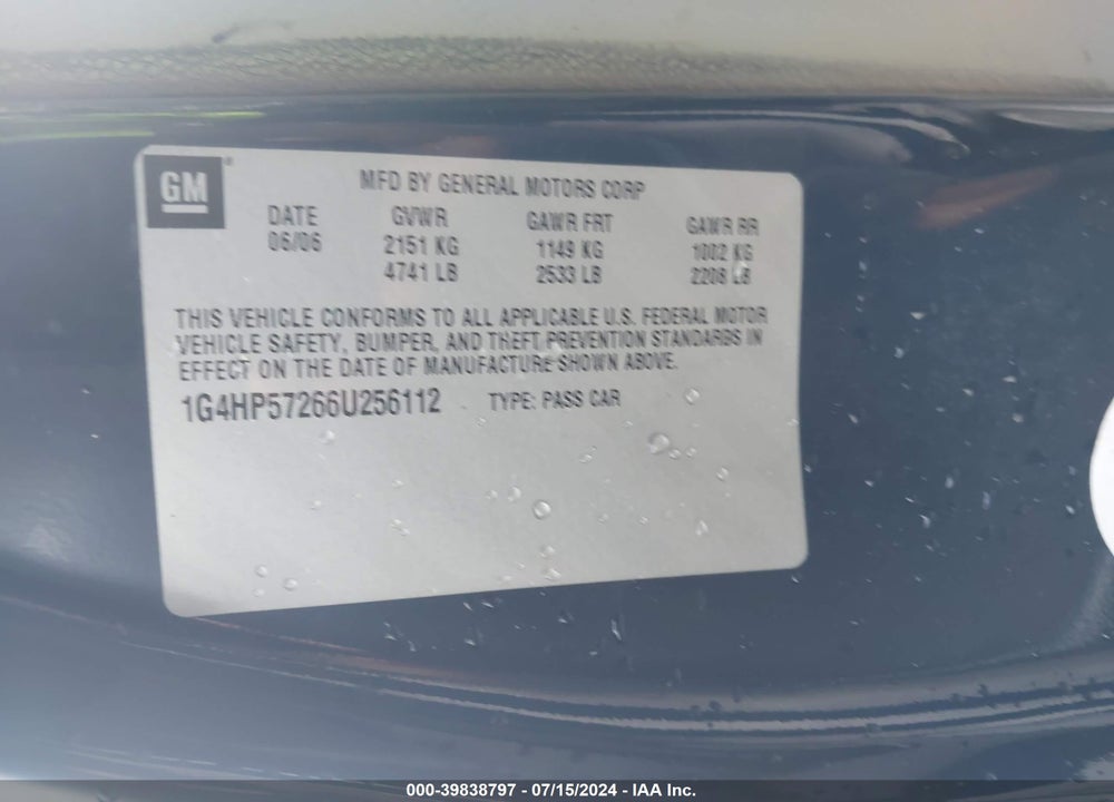 2006 BUICK LUCERNE CX VIN: 1G4HP57266U256112