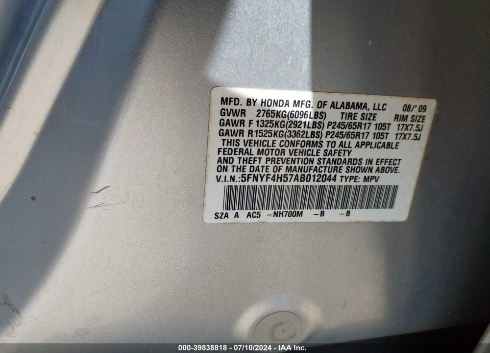 2010 HONDA PILOT EX-L VIN: 5FNYF4H57AB012044