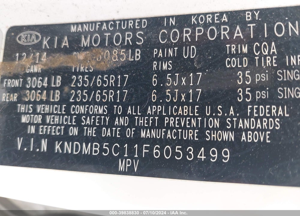 2015 KIA SEDONA LX VIN: KNDMB5C11F6053499