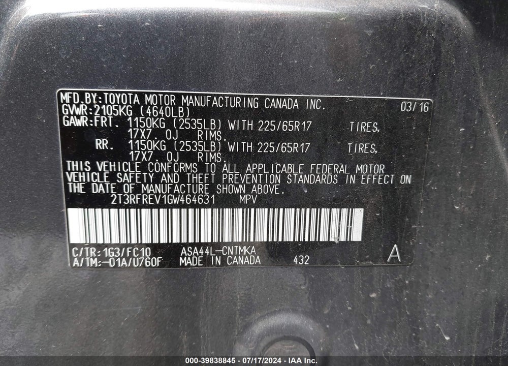 2016 TOYOTA RAV4 XLE VIN: 2T3RFREV1GW464631