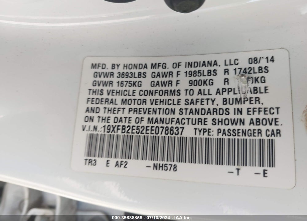 2014 HONDA CIVIC LX VIN: 19XFB2E52EE078637