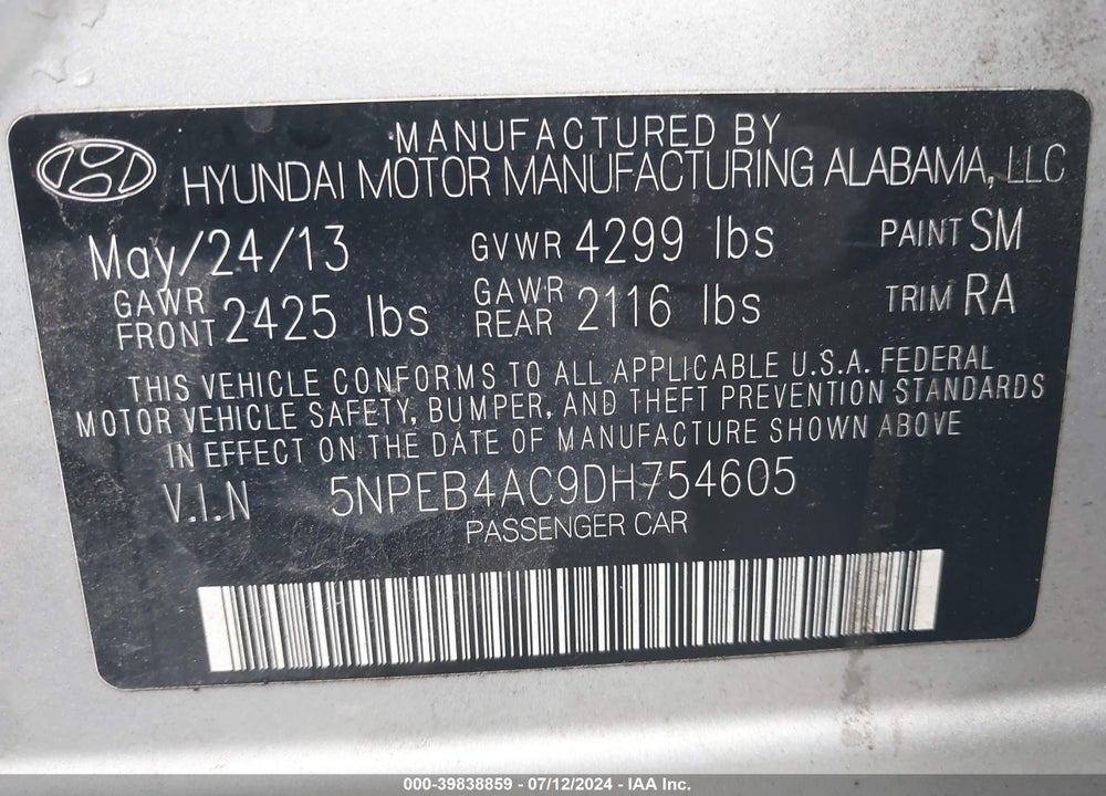 2013 HYUNDAI SONATA GLS VIN: 5NPEB4AC9DH754605