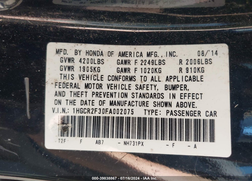 2015 HONDA ACCORD LX VIN: 1HGCR2F30FA002075